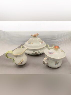 MCM Herend porcelain tea set with bird and mushroom finials, butterfly motifs.